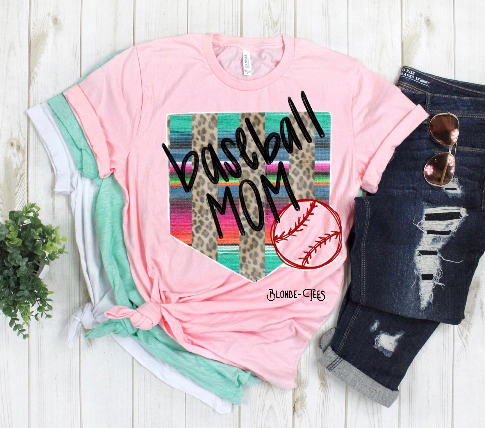 Baseball Mom w/ Serape & Leopard Homeplate & Baseball - 3 Color Options